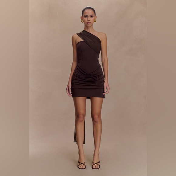 Meshki Dresses & Skirts - Meshki One-Shoulder Mini Dress in Dark Brown
